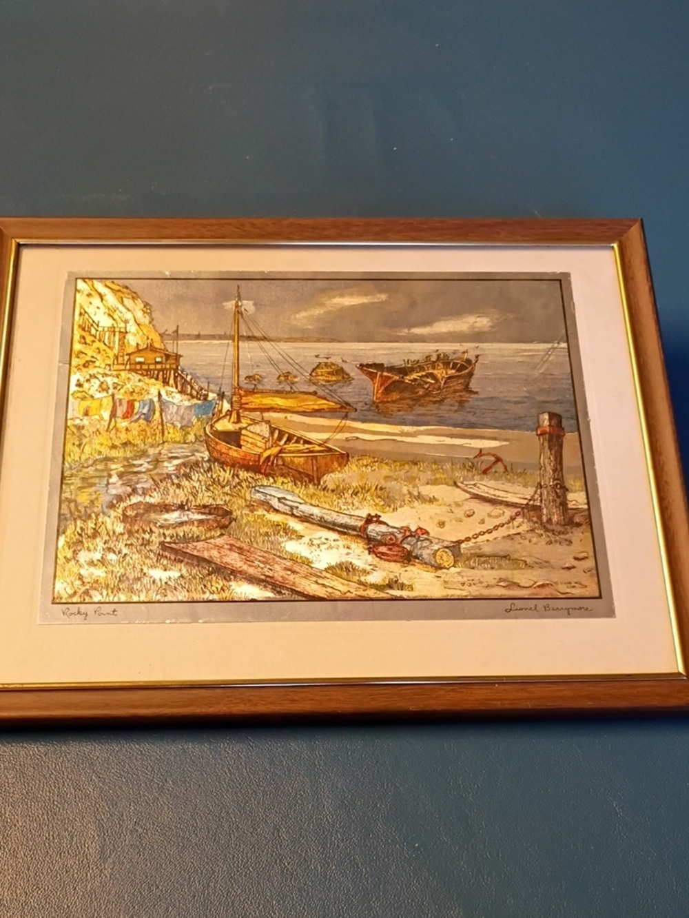 Rocky Point Seaside Boats Framed Wall Art Print in Brown and Gold Foil Etching